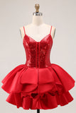 Sparkly Corset Red Sequined Short Prom Dress with Ruffles
