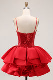 Sparkly Corset Red Sequined Short Prom Dress with Ruffles