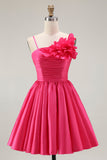 Fuchsia Floral A Line Ruffled Short Satin Cocktail Dress