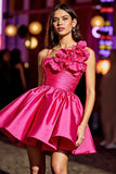 Fuchsia Floral A Line Ruffled Short Satin Cocktail Dress