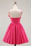 Fuchsia Floral A Line Ruffled Short Satin Cocktail Dress