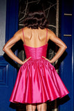 Fuchsia Floral A Line Ruffled Short Satin Cocktail Dress