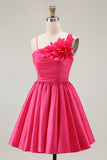 Fuchsia Floral A Line Ruffled Short Satin Cocktail Dress