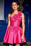 Fuchsia A Line Satin Ruched Short Prom Dress with Ruffles