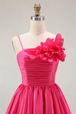 Fuchsia Floral A Line Ruffled Short Satin Cocktail Dress
