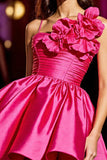 Fuchsia A Line Satin Ruched Short Prom Dress with Ruffles