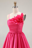 Fuchsia Floral A Line Ruffled Short Satin Cocktail Dress