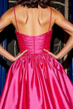 Fuchsia A Line Satin Ruched Short Prom Dress with Ruffles