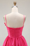 Fuchsia Floral A Line Ruffled Short Satin Cocktail Dress