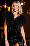 Black Velvet Bodycon Short Cocktail Dress with Feathers