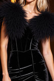 Black Velvet Bodycon Short Cocktail Dress with Feathers