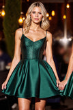 Dark Green Satin Corset A Line Short Prom Dress with Beading