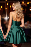Dark Green Satin Corset A Line Short Prom Dress with Beading