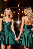 Dark Green Satin Corset A Line Short Prom Dress with Beading