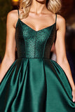 Dark Green Satin Corset A Line Short Prom Dress with Beading