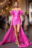 Fuchsia Satin Bodycon Puff Sleeves High Low Prom Dress
