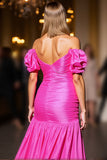 Fuchsia Satin Bodycon Puff Sleeves High Low Prom Dress
