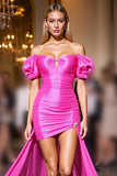 Fuchsia Satin Bodycon Puff Sleeves High Low Prom Dress