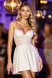 Short White Corset A Line Satin Prom Dress with Lace