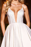 Sparkly White Satin A Line V Neck Short Prom Dress with Beading