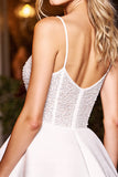 Sparkly White Satin A Line V Neck Short Prom Dress with Beading