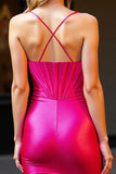 Fuchsia Corset Spaghetti Straps Satin Mini Bodycon Prom Dress