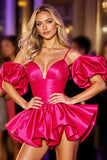 Fuchsia Satin A Line Ruffled Short Prom Dress