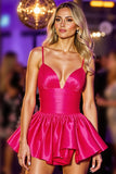 Fuchsia Satin A Line Ruffled Short Prom Dress