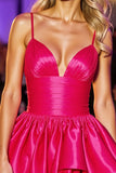 Fuchsia Satin A Line Ruffled Short Prom Dress