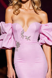 Sparkly Pink Satin Sweetheart Bodycon Short Prom Dress with Sequins