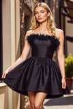 Cute Black Strapless A Line Short Prom Dress with Feathers