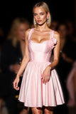Pink Satin A Line Cute Short Prom Dress with 3D Flowers