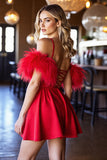 Short Red Corset Satin A Line Prom Dress with Feathers