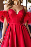 Short Red Corset Satin A Line Prom Dress with Feathers