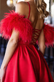 Short Red Corset Satin A Line Prom Dress with Feathers