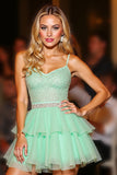 Sparkly Green A Line Tiered Short Backless Prom Dress with Beading