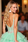 Sparkly Green A Line Tiered Short Backless Prom Dress with Beading