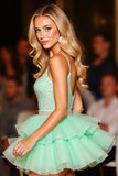 Sparkly Green A Line Tiered Short Backless Prom Dress with Beading