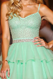 Sparkly Green A Line Tiered Short Backless Prom Dress with Beading
