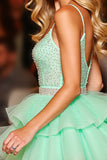 Sparkly Green A Line Tiered Short Backless Prom Dress with Beading