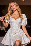 White Satin A Line Floral Corset Short Prom Dress with Sleeves