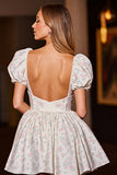 White Satin A Line Floral Corset Short Prom Dress with Sleeves