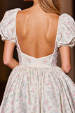 White Satin A Line Floral Corset Short Prom Dress with Sleeves