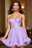 A Line Purple Strapless Corset Short Prom Dress with Sequins