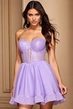 A Line Purple Strapless Corset Short Prom Dress with Sequins