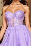 A Line Purple Strapless Corset Short Prom Dress with Sequins