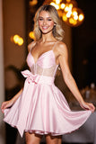 Pink Satin A Line Corset Backless Short Prom Dress with Bow