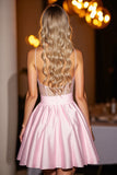Pink Satin A Line Corset Backless Short Prom Dress with Bow