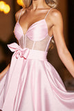 Pink Satin A Line Corset Backless Short Prom Dress with Bow