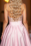 Pink Satin A Line Corset Backless Short Prom Dress with Bow